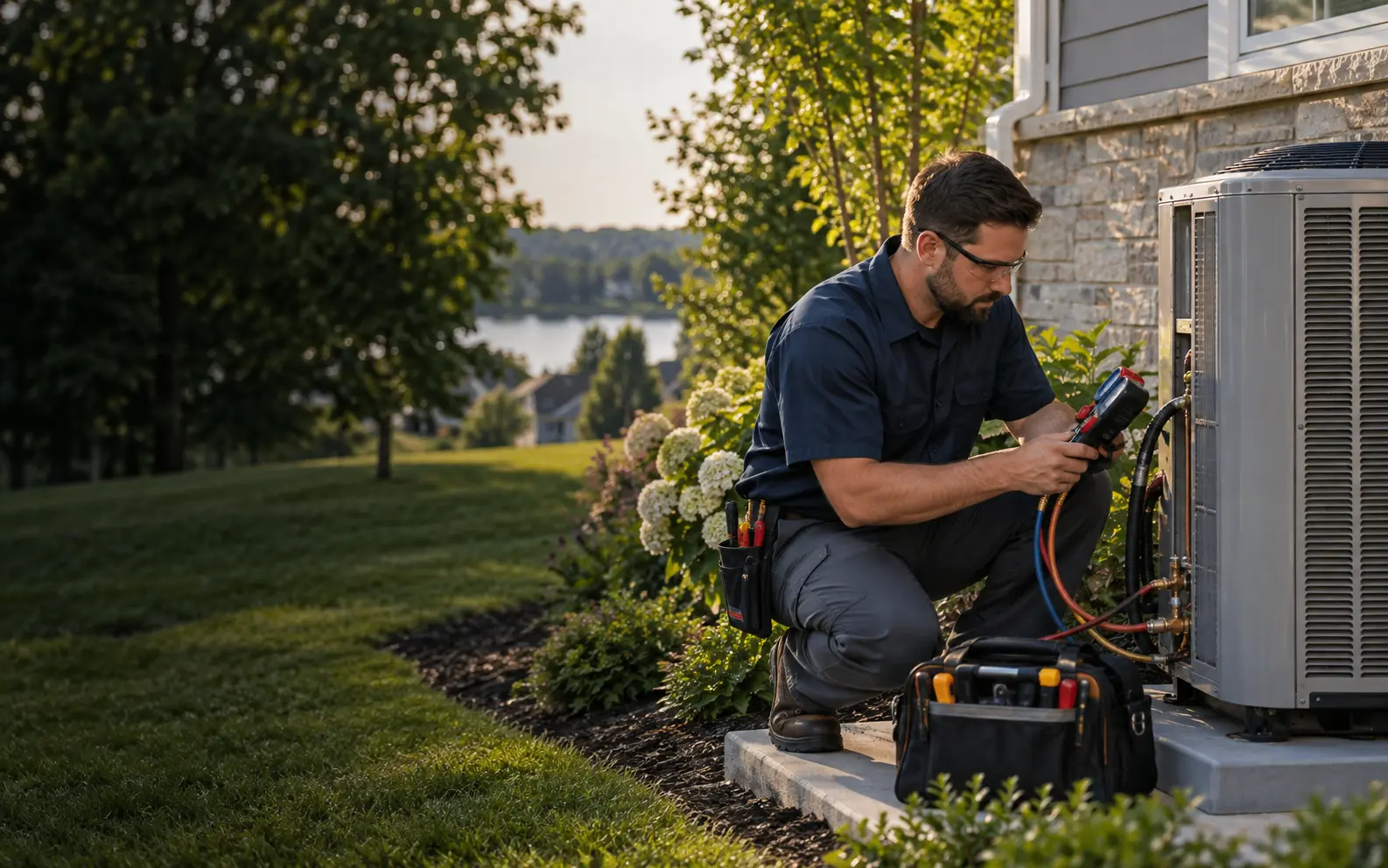 Demonstration image of a technician checking outdoor HVAC equipment